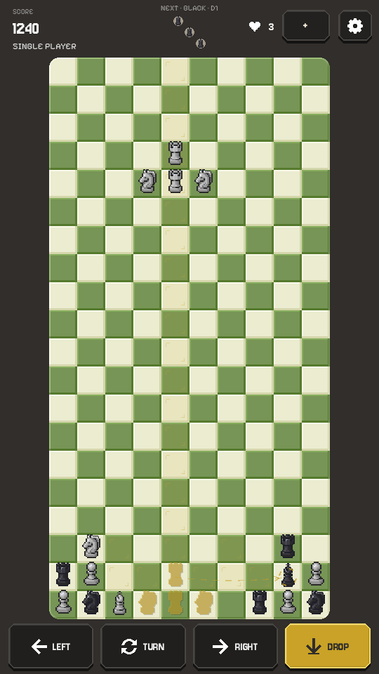 Falling Chess gameplay: a falling chess formation and its ghost landing guide above a cream and sage board
